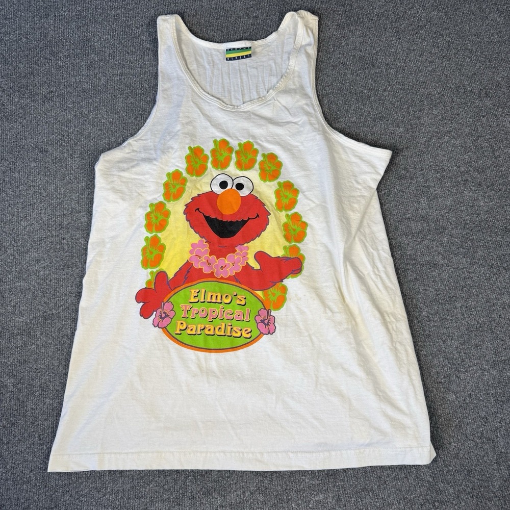 Vintage Sesame Street‎ Elmo Shirt Mens One Size White Tank Top 90s Graphic Beach
